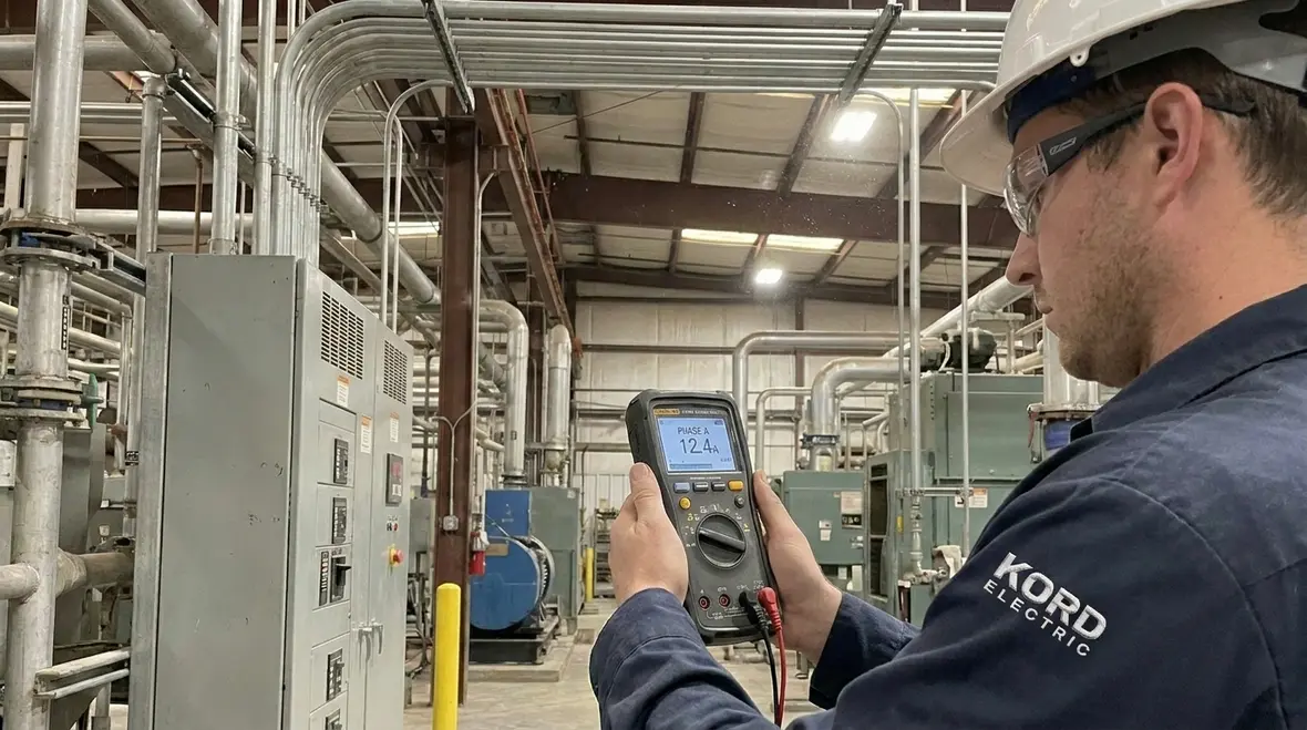 Engineers reviewing industrial load balancing plans for a facility