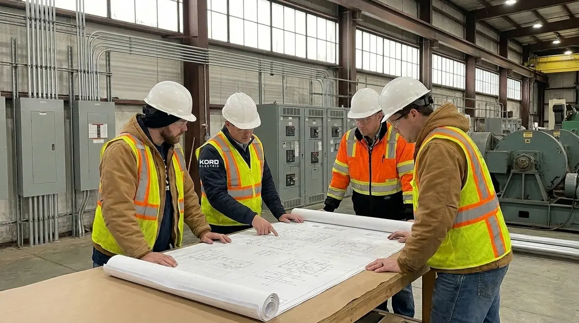 Industrial technicians reviewing power distribution expansion plans