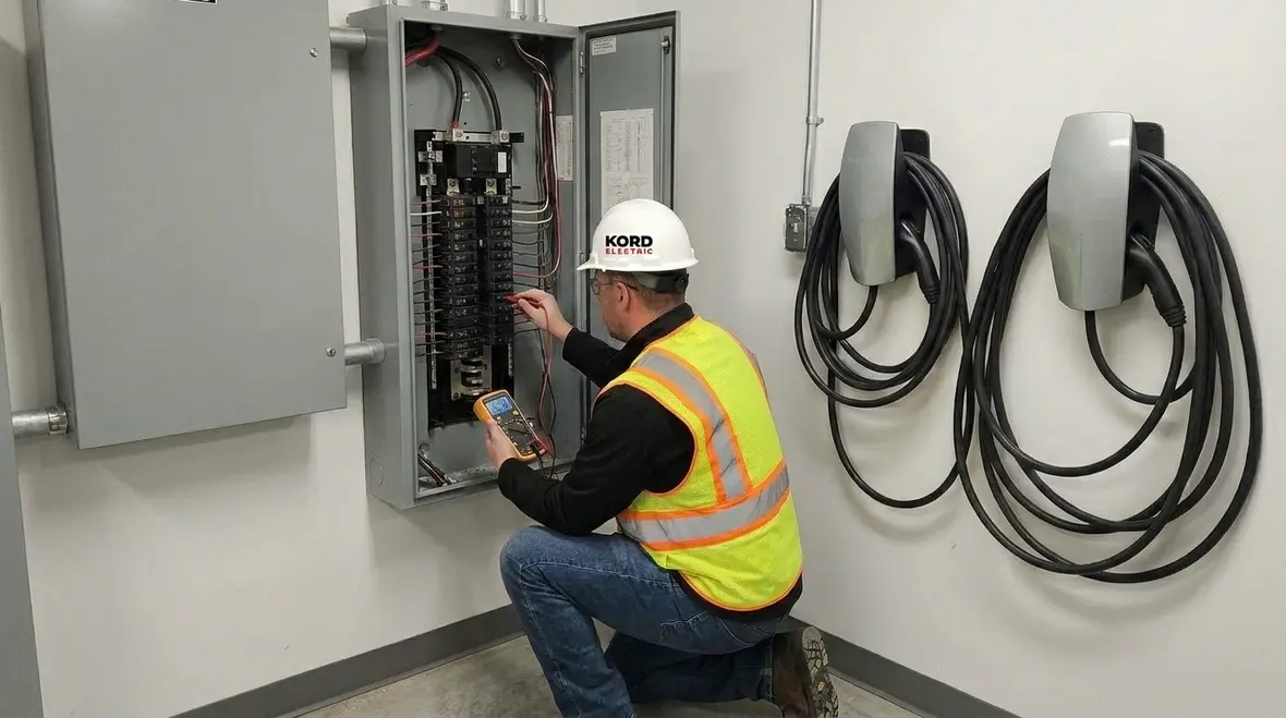 Technician performing electrical maintenance supporting EV fleet uptime