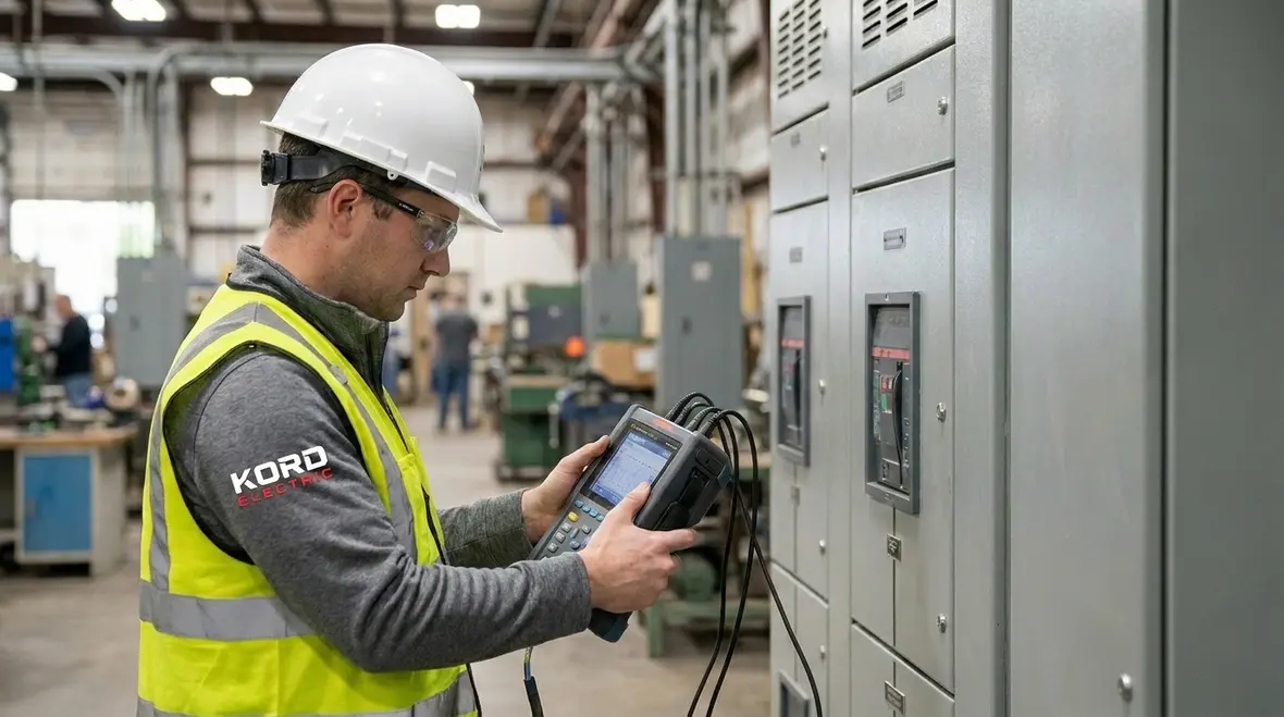 Technician performing an industrial power quality audit on factory equipment