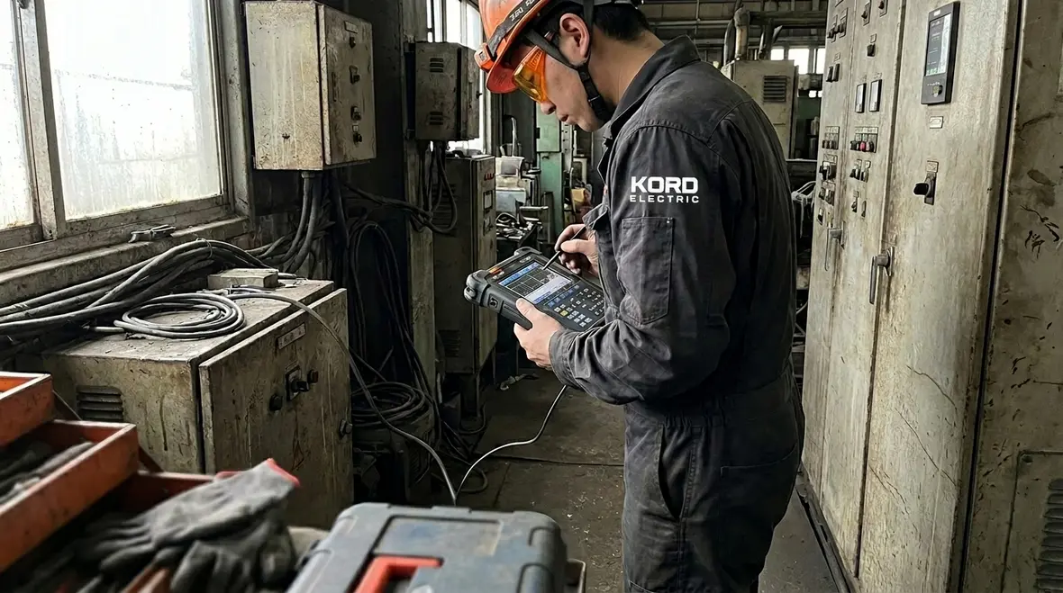 Technician performing industrial power quality audits in a commercial facility
