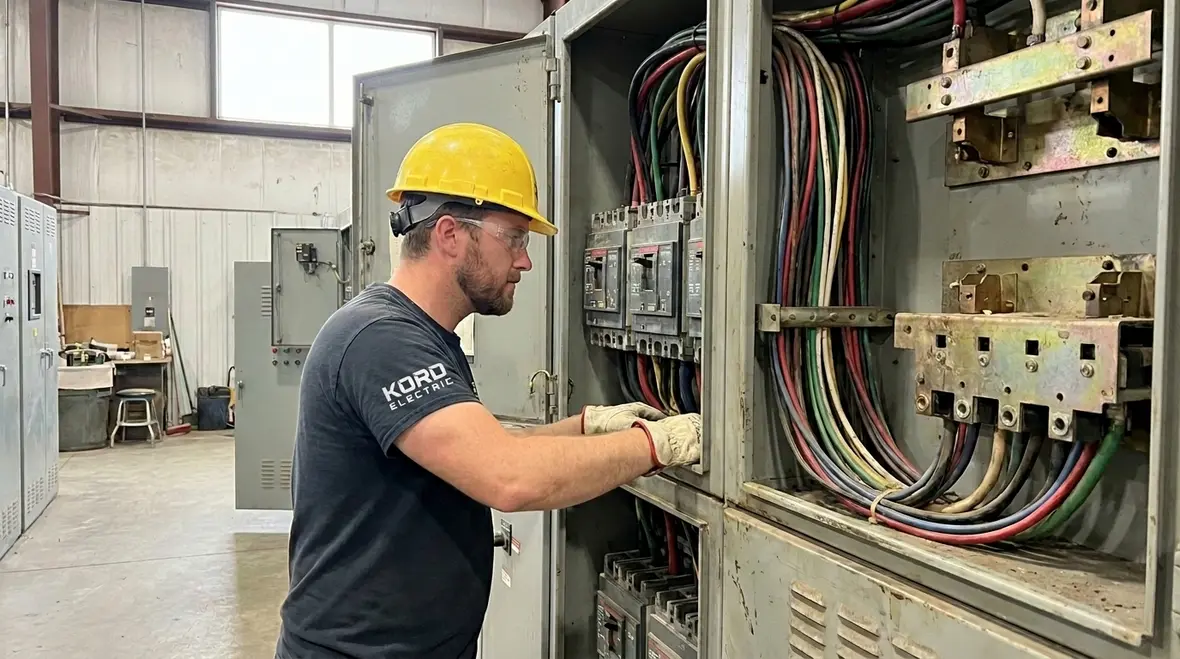 Technician performing a business electrical safety assessment in an industrial facility