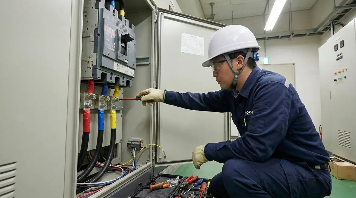 Commercial electrical technicians reviewing panel schedules and load data