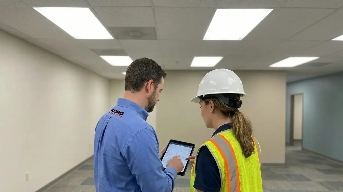Technician reviewing commercial lighting control panels for ROI planning