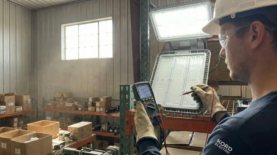 Technicians reviewing industrial lighting ROI plan