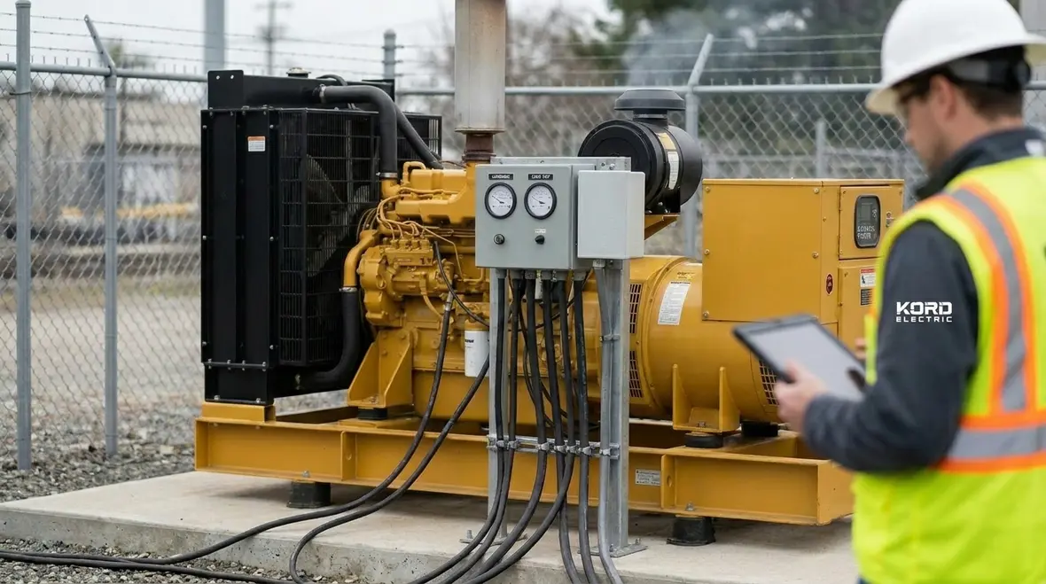 Technician performing emergency power reliability testing on commercial backup systems