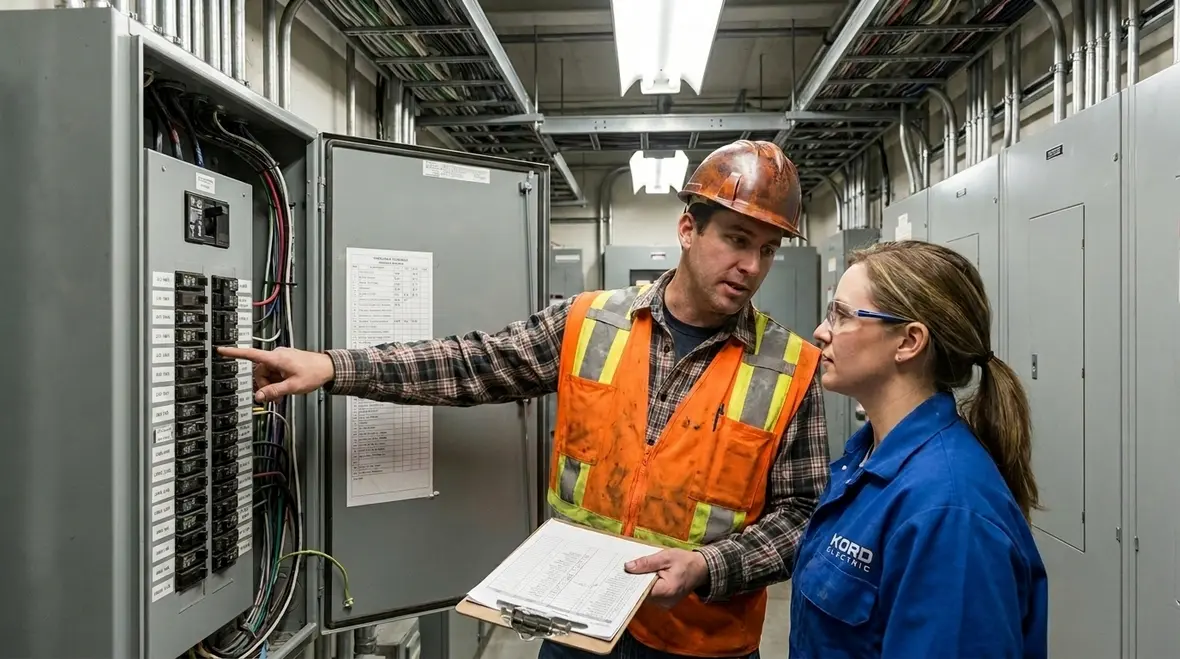 Technician inspecting commercial electrical subpanel conditions