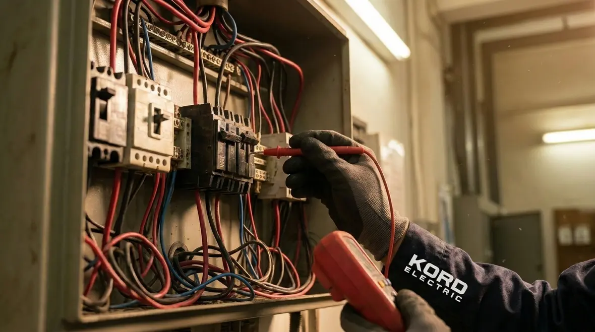 Technician reviewing industrial subpanel expansion scope and panel schedules