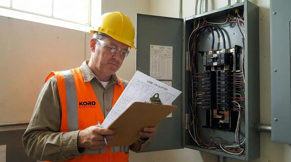 Technician reviewing an industrial subpanel load calculation in a commercial facility