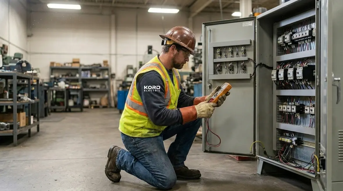 Technician inspecting industrial control cabinet for commercial electrical safety