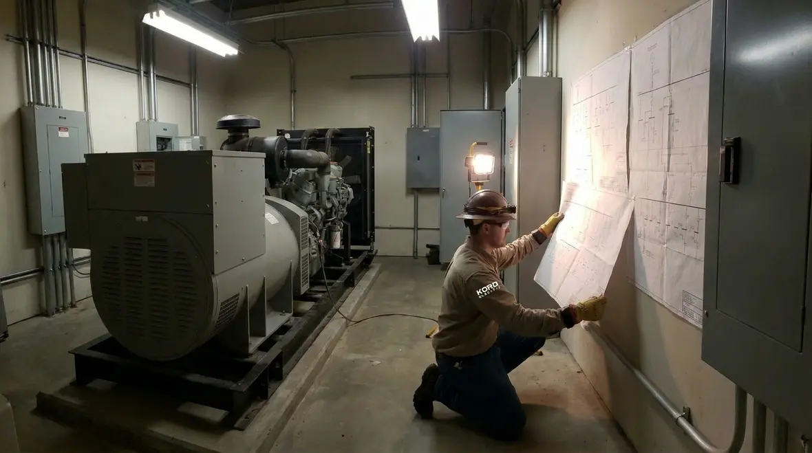 Technicians reviewing a business electrical disaster recovery plan during a commercial outage