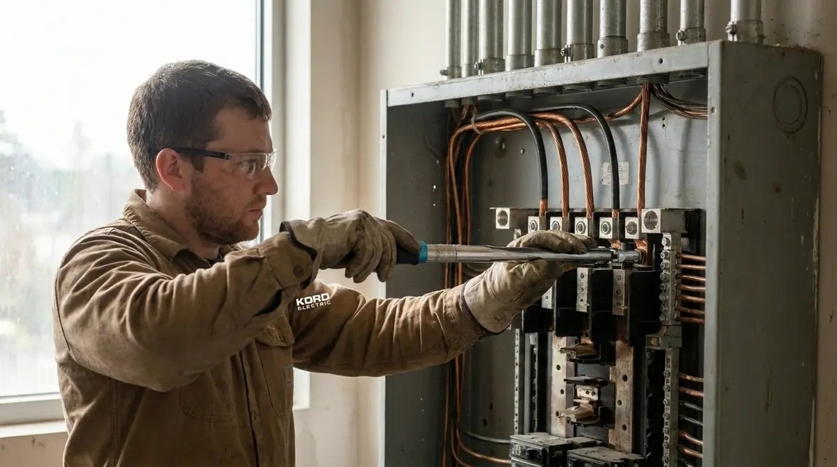 Close-up inspection of load center bus bars and terminations during preventive maintenance