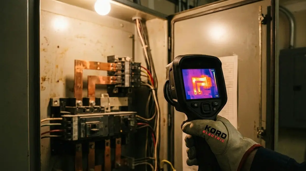 Technician performing proactive load center maintenance in a commercial electrical room