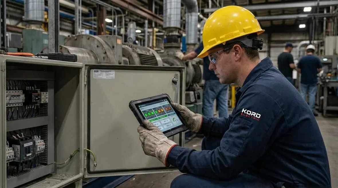 Manufacturing technicians reviewing live power quality and load data on screens