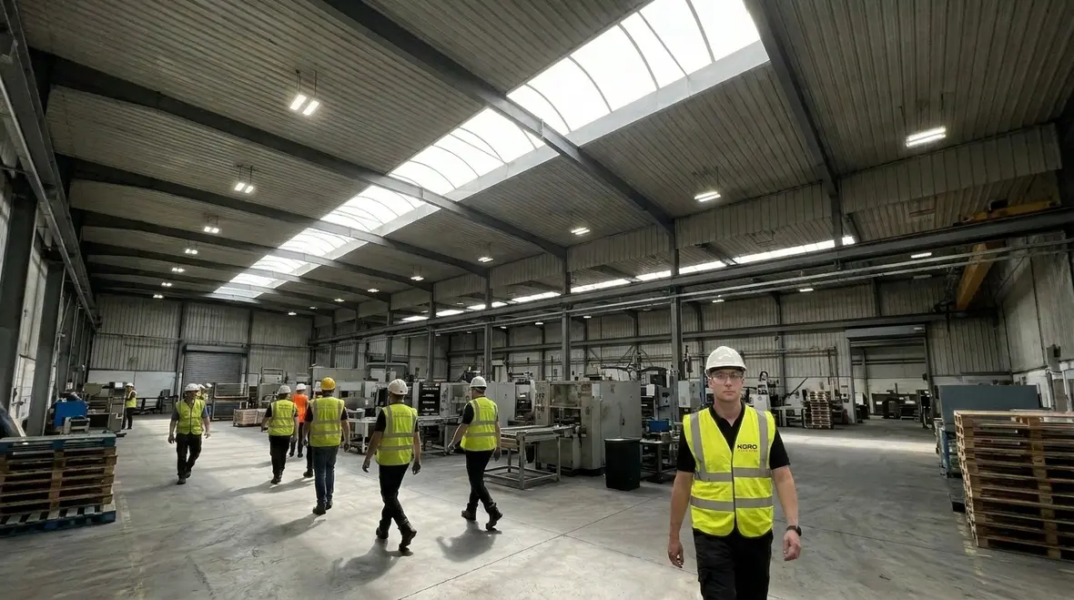 Technicians reviewing smart manufacturing lighting control systems on a factory floor
