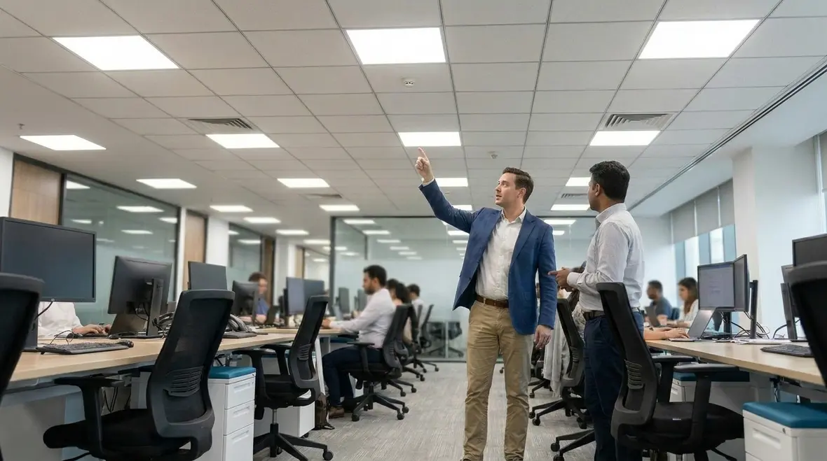 Modern office using efficient LED lighting after energy upgrades