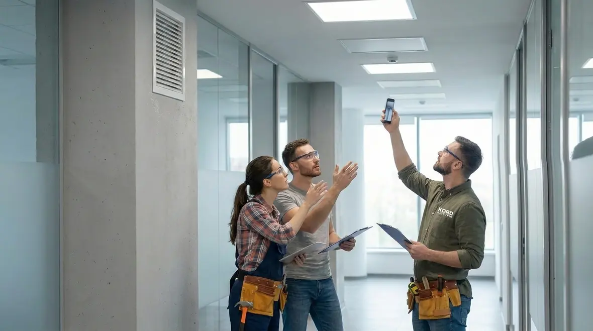 Technicians planning an office building lighting retrofit in a commercial property