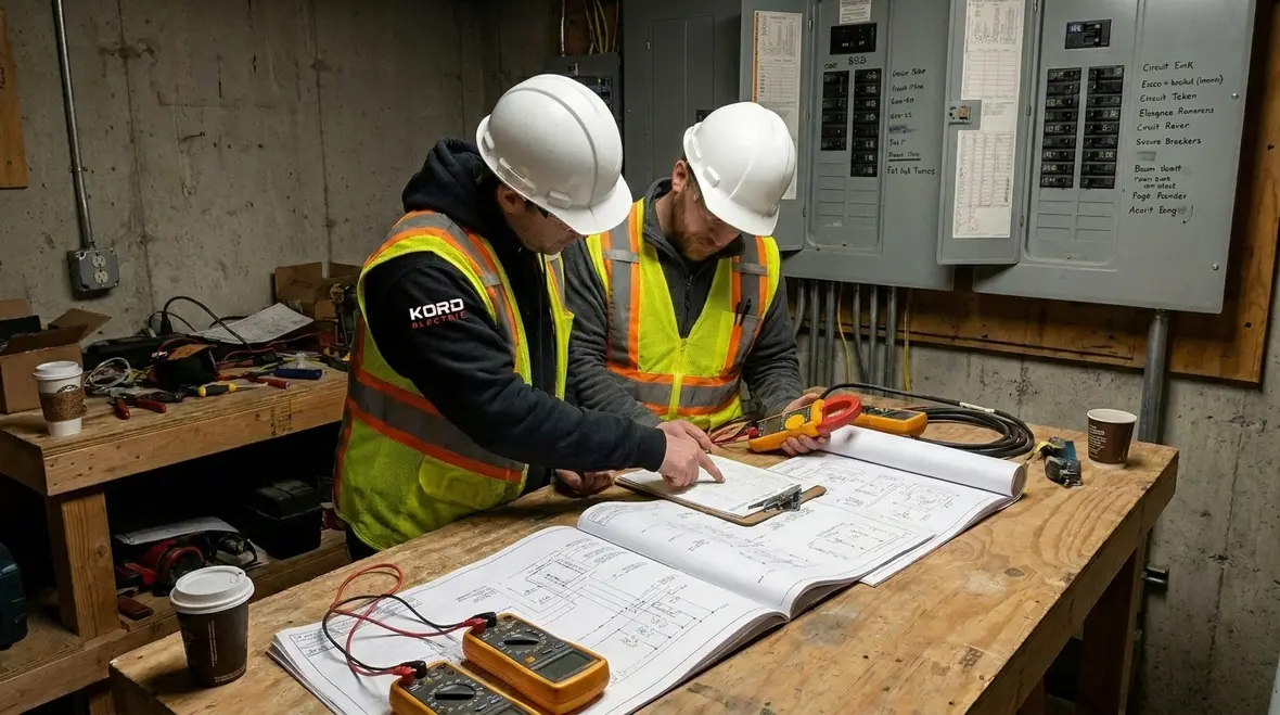 Technician checking phase balance inside a commercial panel
