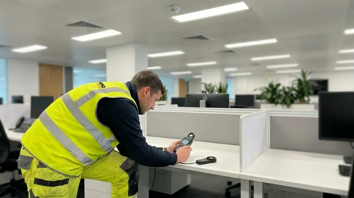 Technicians performing an office lighting audit before retrofit