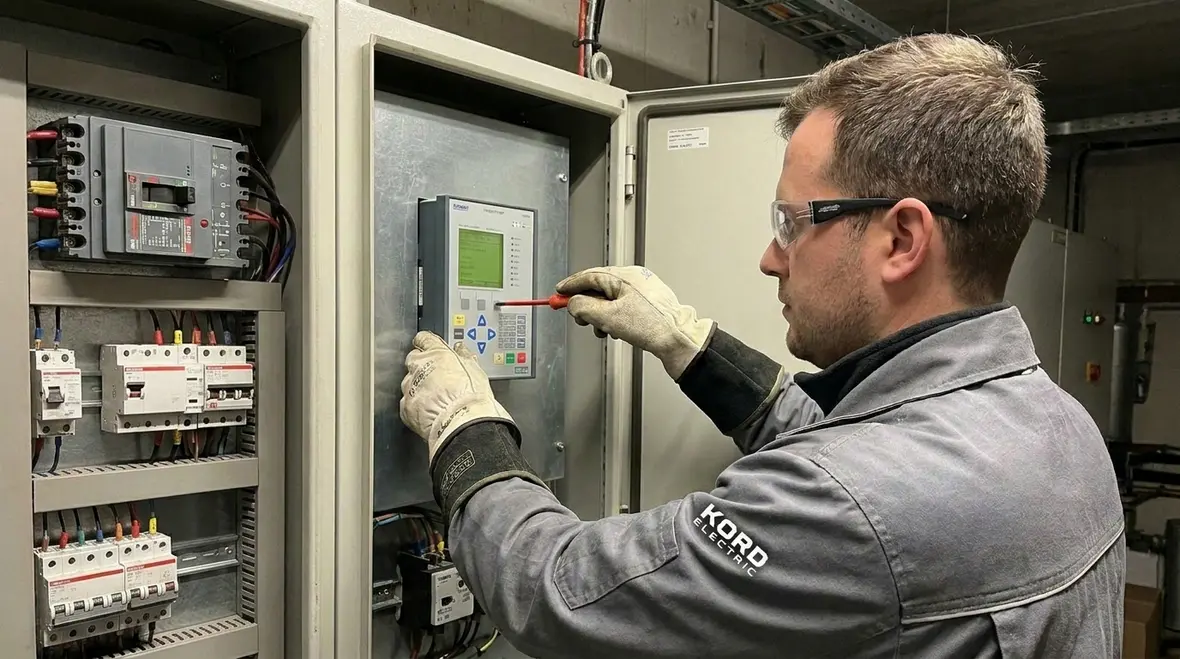 Technician reviewing a critical power system protection layout in a commercial facility