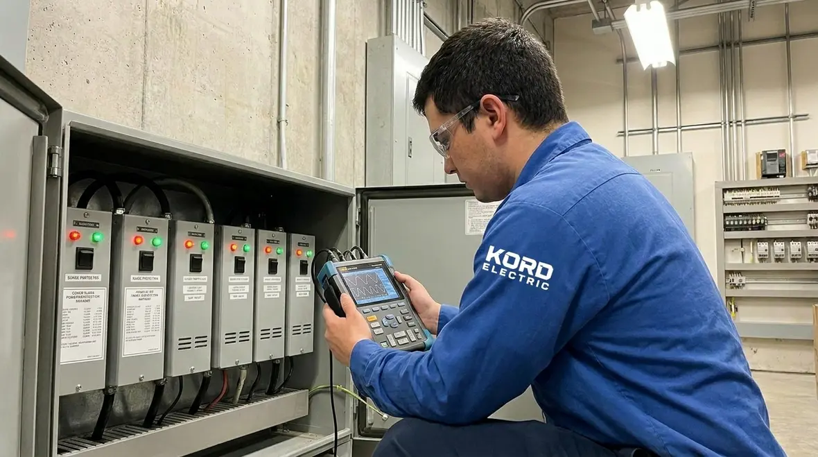 Electrical team reviewing short circuit and arc fault risks in a switchgear room