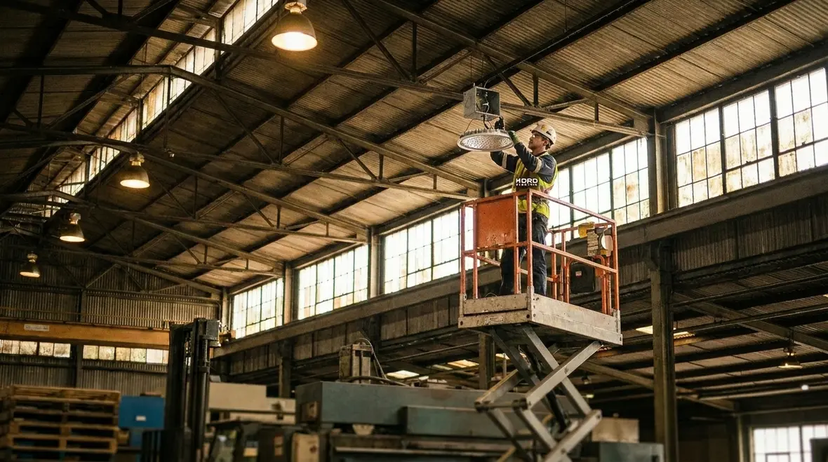 LED commercial lighting fixtures installed in an industrial facility