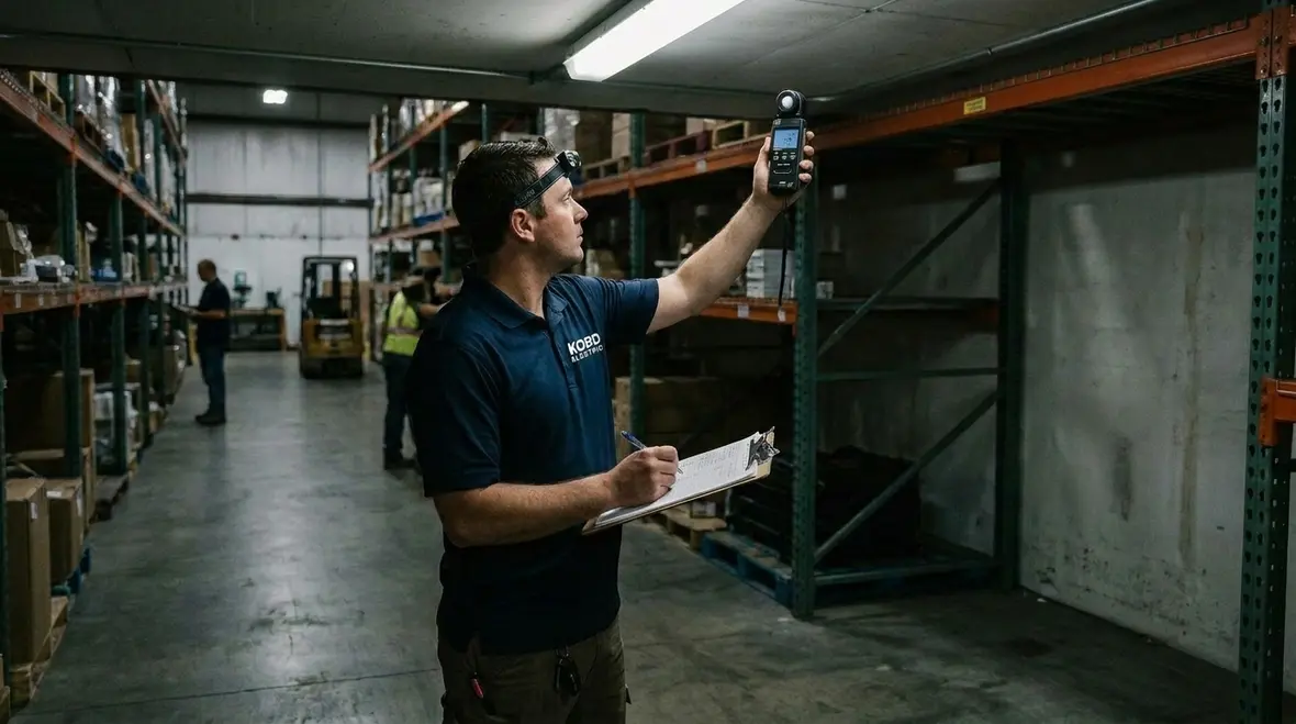 Technician performing a commercial lighting energy efficiency audit