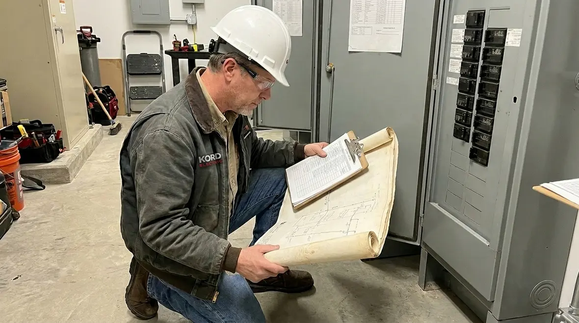 Commercial electrician checking electrical service panel capacity before expansion