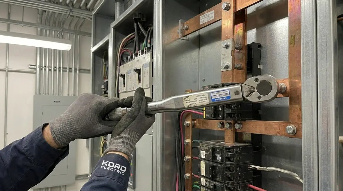 Technicians reviewing electrical drawings and service panel capacity