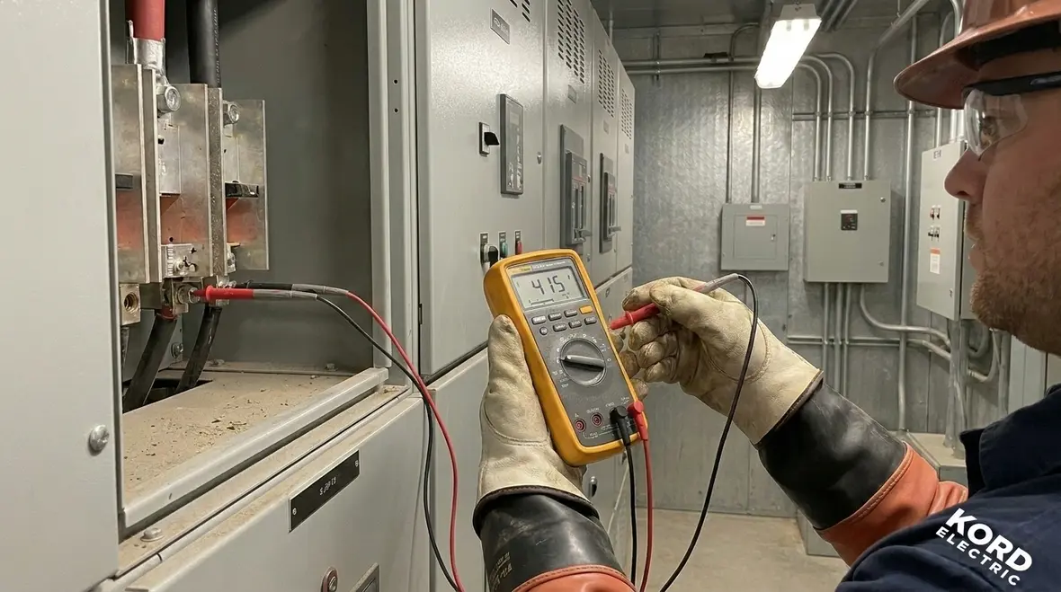 Commercial switchgear and distribution equipment being inspected during preventive maintenance