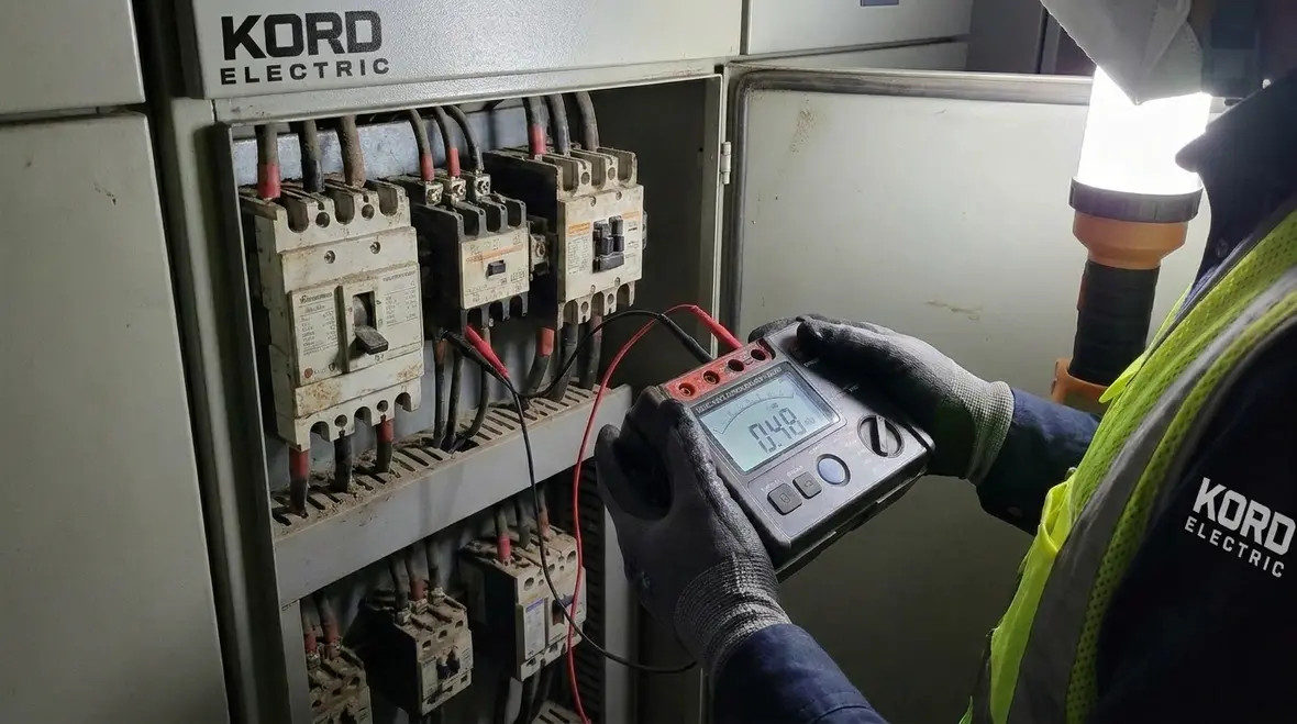 Technician testing factory switchgear and breakers during troubleshooting