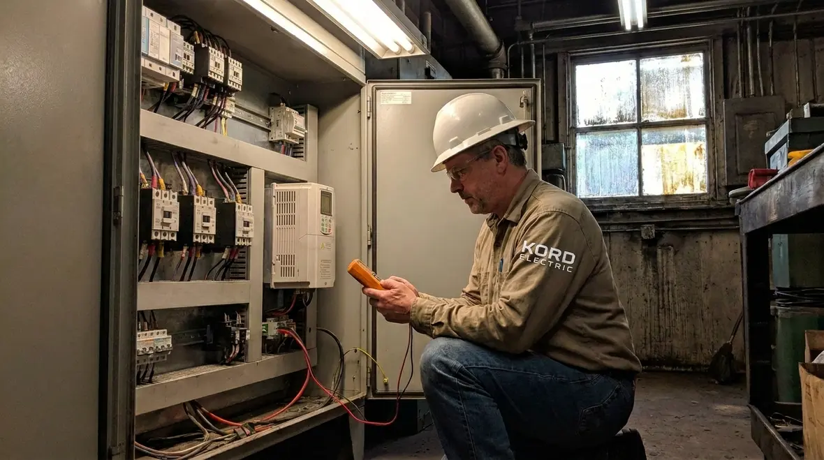 Technician checking motor controls and lighting panels as part of a preventative electrical maintenance checklist