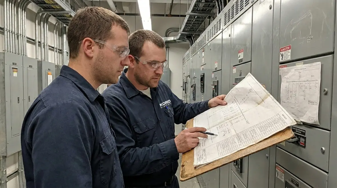 Technician performing preventative electrical maintenance on commercial electrical panels