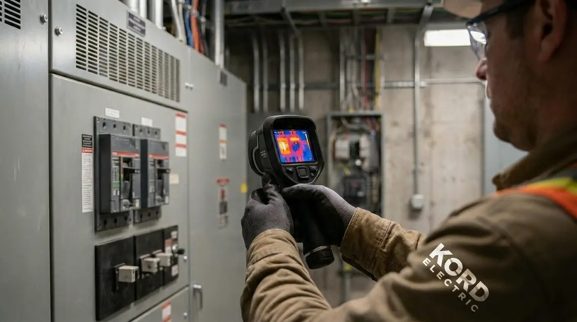Kord Electric team performing industrial preventative electrical maintenance schedule tasks