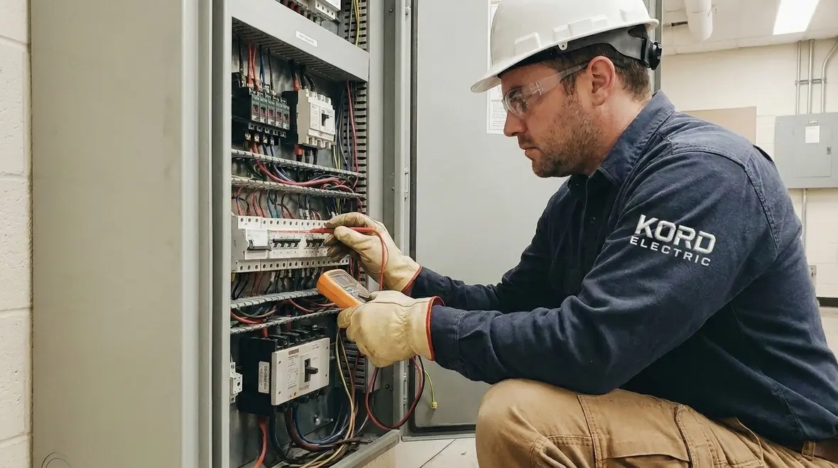 Electrician performing preventative electrical maintenance schedule checks on commercial switchgear