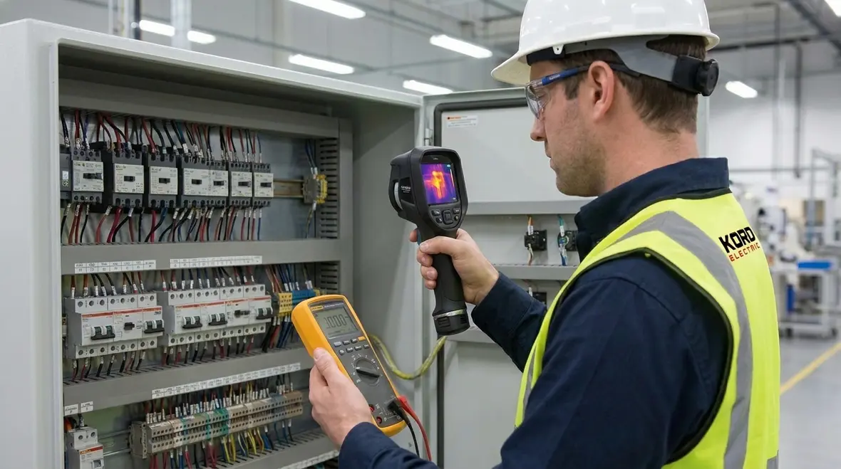 Technicians performing preventative industrial electrical maintenance in an industrial plant