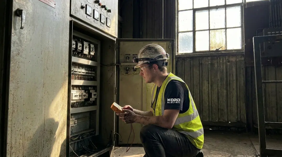 Technicians performing preventative electrical maintenance in an industrial facility