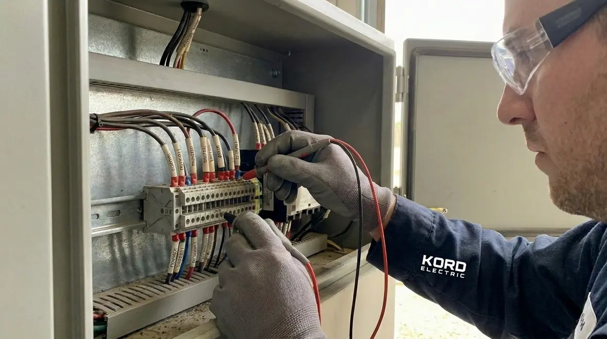 Technician performing emergency power system testing in an electrical room