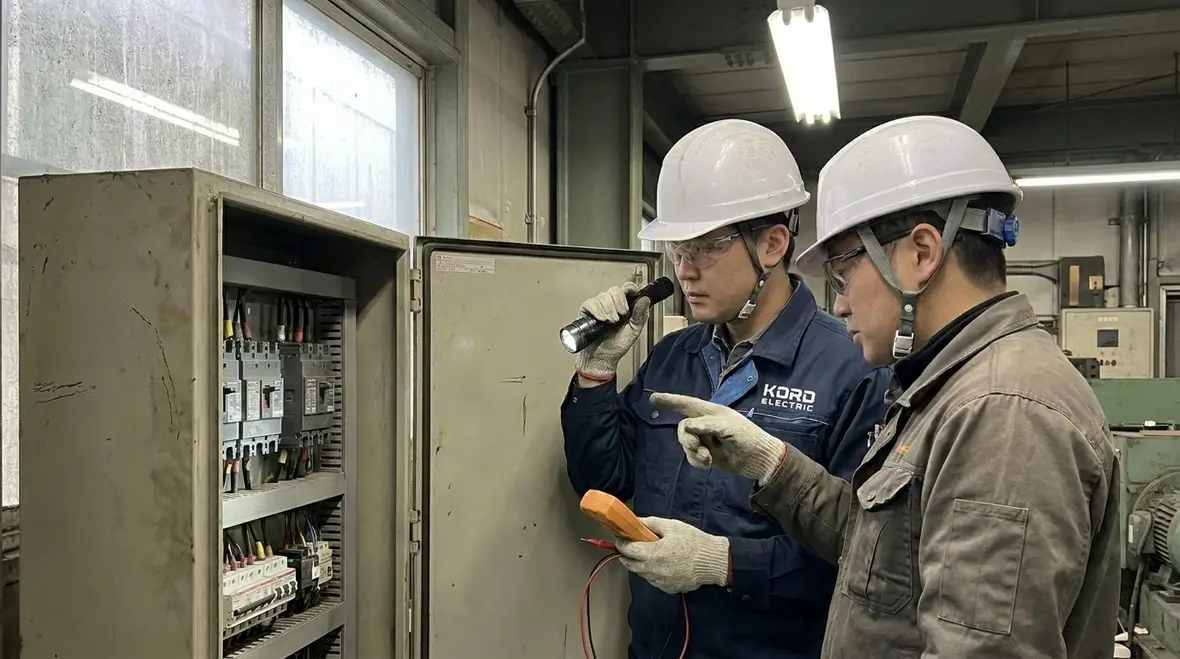 Technician performing preventative maintenance electrical systems checks on commercial switchgear