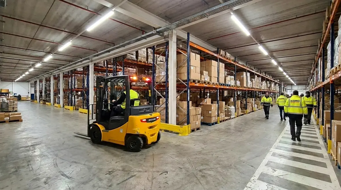Upgraded LED lighting in a commercial warehouse aisle