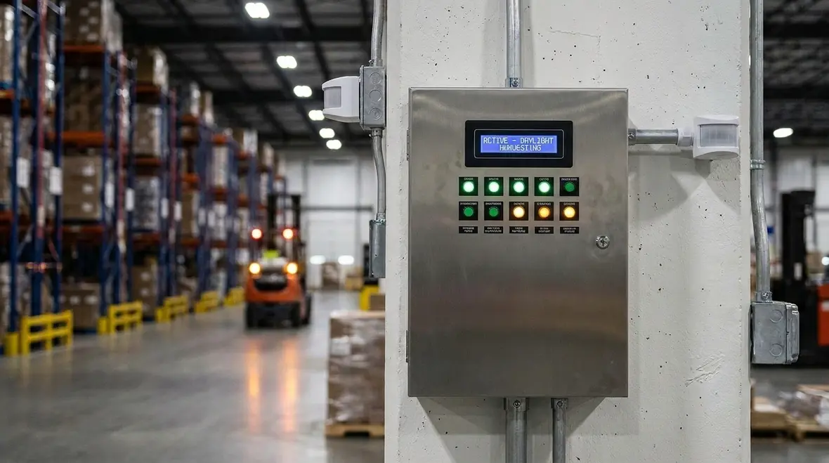 Technician assessing warehouse lighting layout for safety