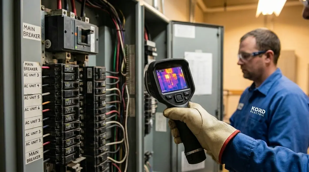 Technician inspecting data center switchgear under an NFPA 70B maintenance plan