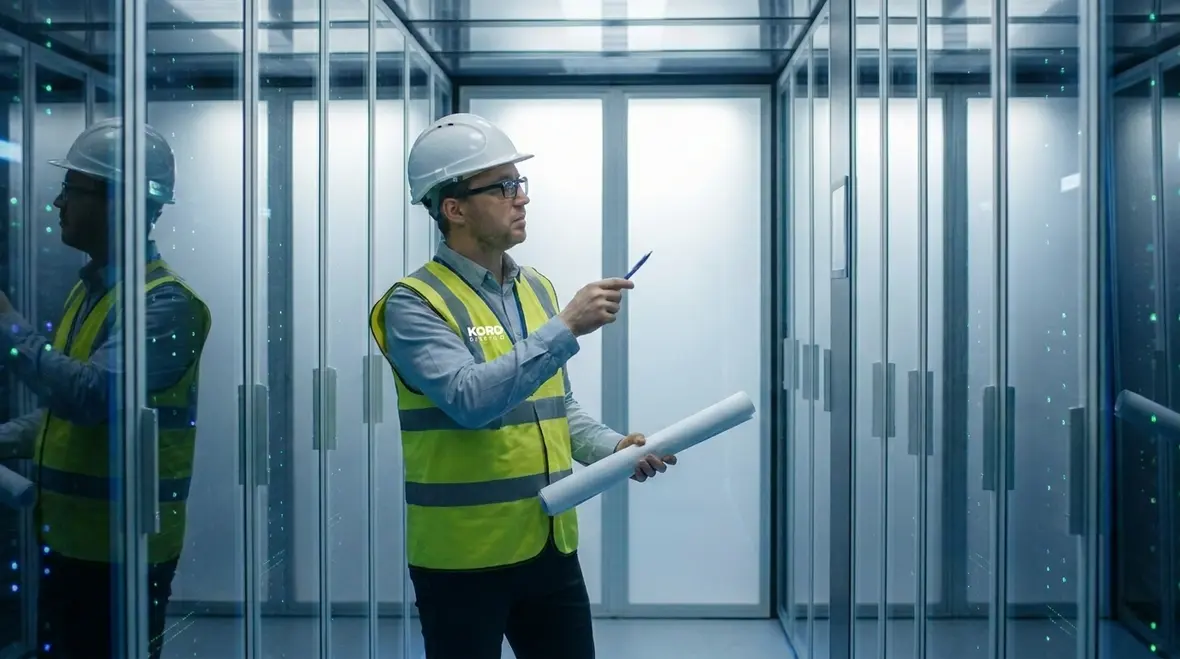 Engineers reviewing data center power design plans to prevent downtime