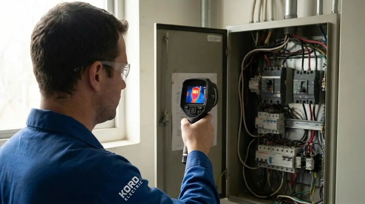 Technician inspecting commercial electrical panels in an office building