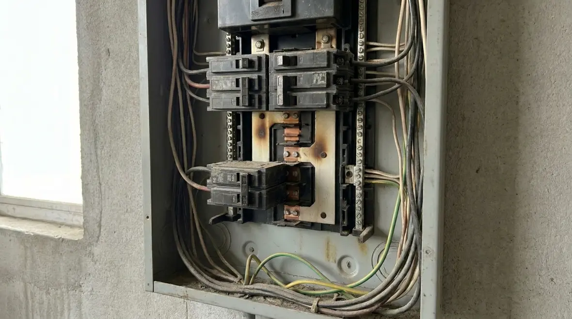 Technician inspecting a commercial electrical panel for fire hazards