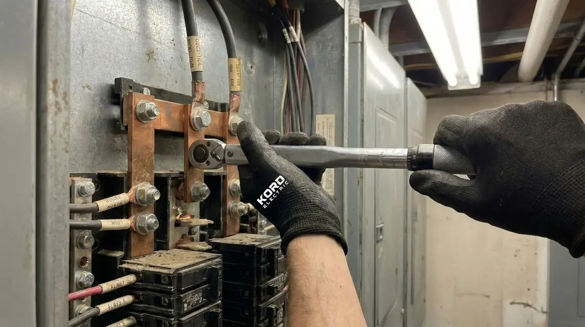 Technician reviewing a commercial electrical panel load schedule