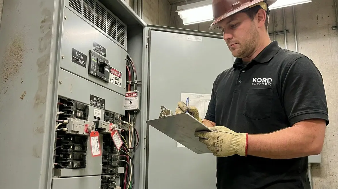 Electrician documenting preventive electrical maintenance test results for compliance