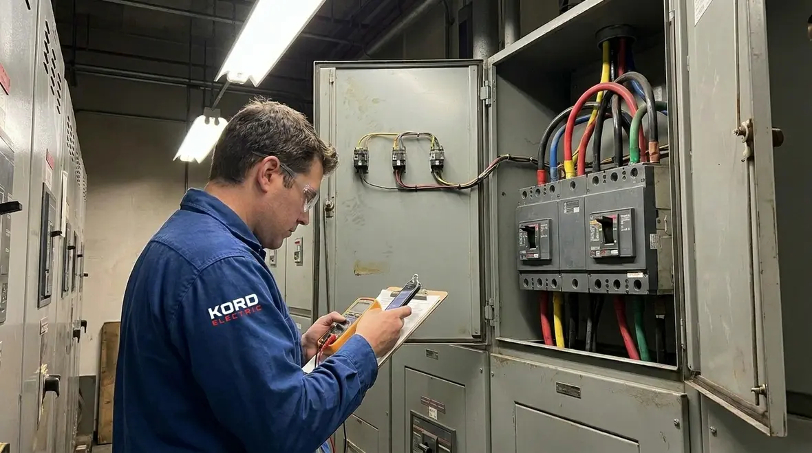 Technicians performing preventive electrical maintenance checklist on commercial electrical panels