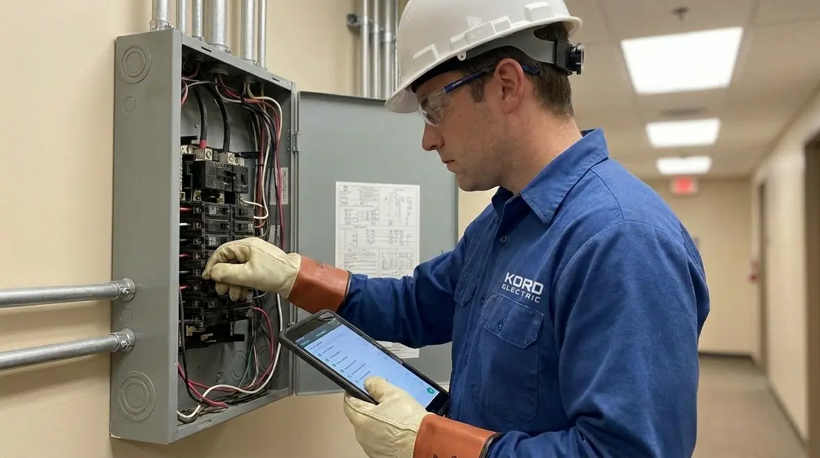 Technician reviewing a preventive electrical maintenance checklist in a commercial electrical room