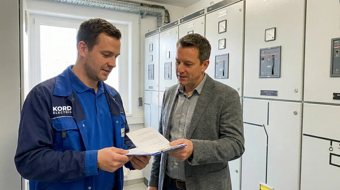 Engineer reviewing switchgear test results and maintenance reports